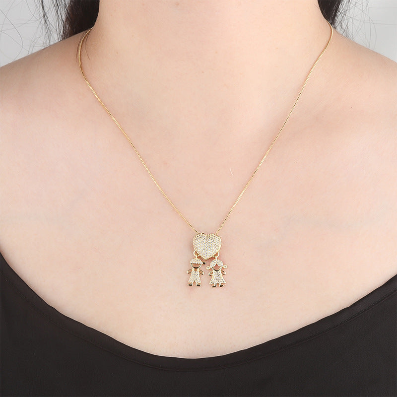 Fashion Jewelry Son Daughter Heart Gold Color Cubic Zirconia Family