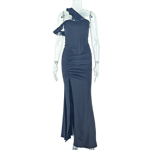 Elegant Women Clothing Split Solid Color Asymmetric Oblique Shoulder