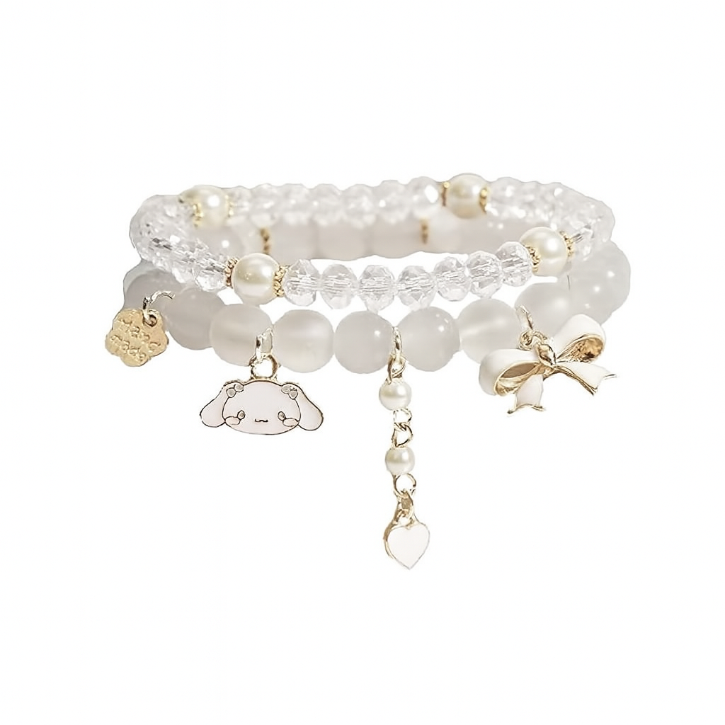 White Charm Bracelet Set – 3pcs Beaded Stretch Bangles with Cartoon &