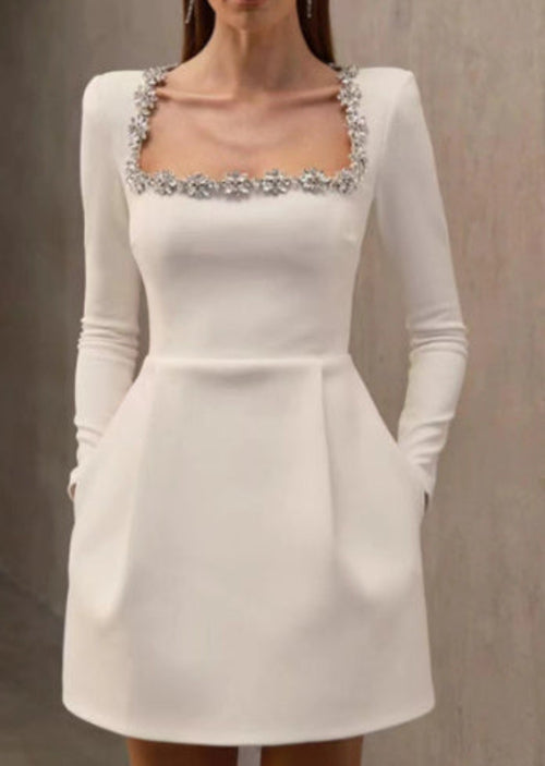 Elegant Square Neck Long-sleeved Dress With Flowers Rhinestone Design