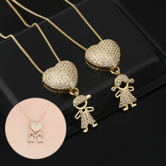 Fashion Jewelry Son Daughter Heart Gold Color Cubic Zirconia Family