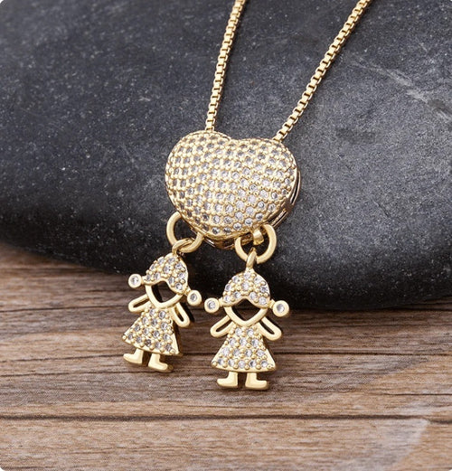 Fashion Jewelry Son Daughter Heart Gold Color Cubic Zirconia Family