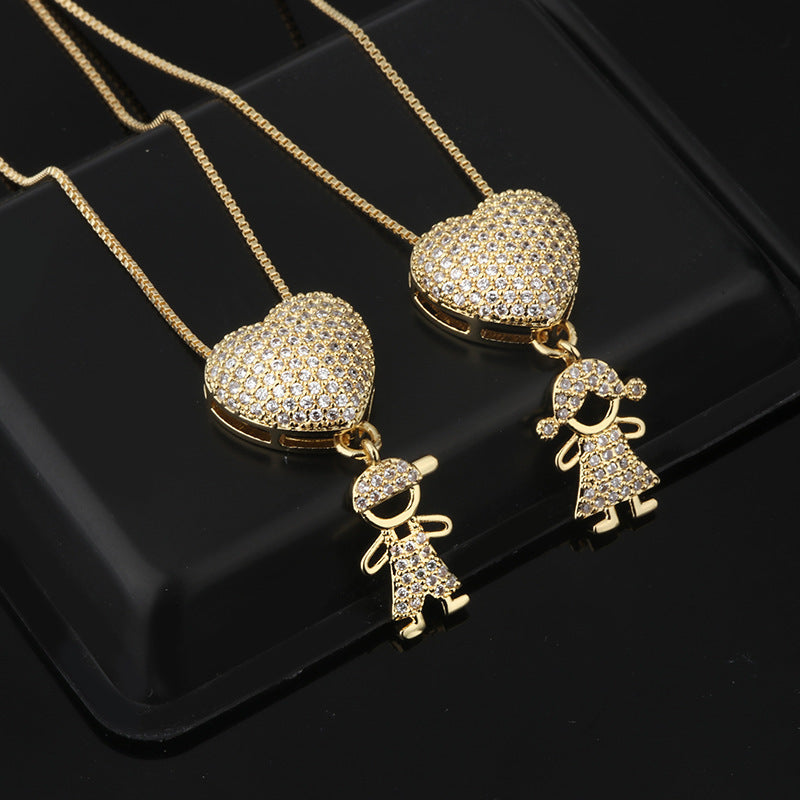 Fashion Jewelry Son Daughter Heart Gold Color Cubic Zirconia Family