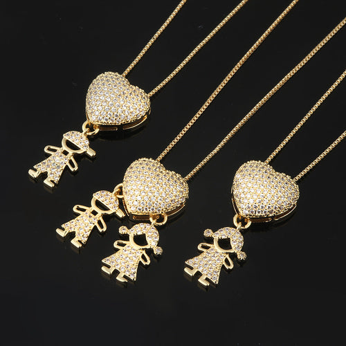 Fashion Jewelry Son Daughter Heart Gold Color Cubic Zirconia Family