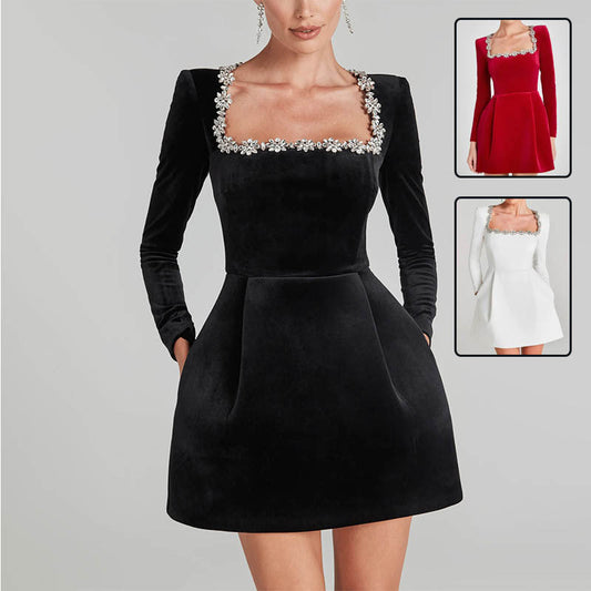 Elegant Square Neck Long-sleeved Dress With Flowers Rhinestone Design