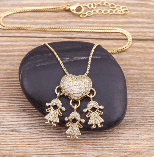Fashion Jewelry Son Daughter Heart Gold Color Cubic Zirconia Family