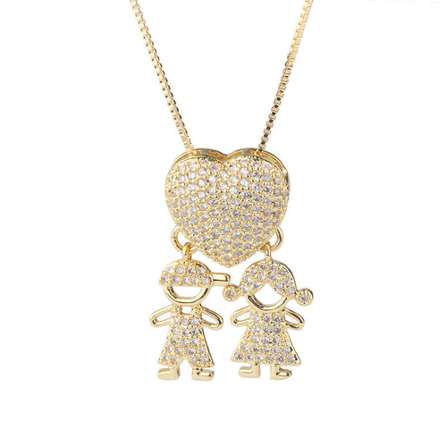 Fashion Jewelry Son Daughter Heart Gold Color Cubic Zirconia Family