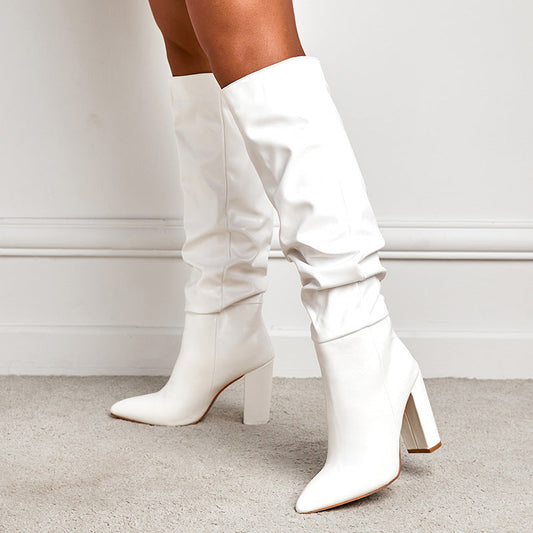 Boots Simple Shallow Mouth Pointed Mid Calf Chunky Heel Boots Slip on