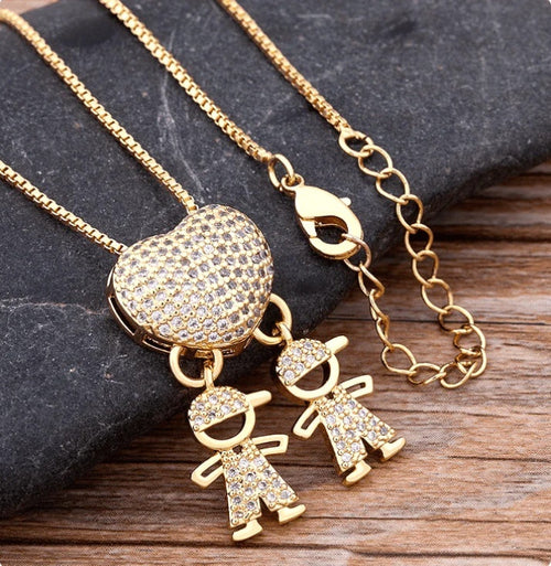 Fashion Jewelry Son Daughter Heart Gold Color Cubic Zirconia Family