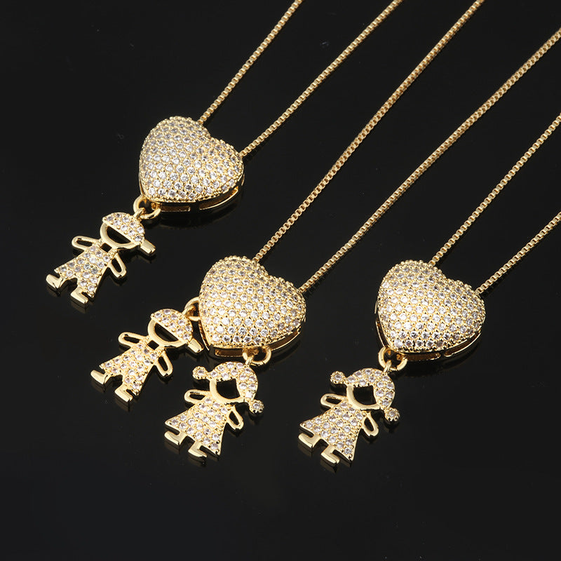 Fashion Jewelry Son Daughter Heart Gold Color Cubic Zirconia Family