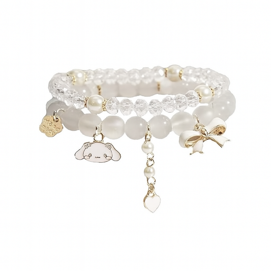 White Charm Bracelet Set – 3pcs Beaded Stretch Bangles with Cartoon &